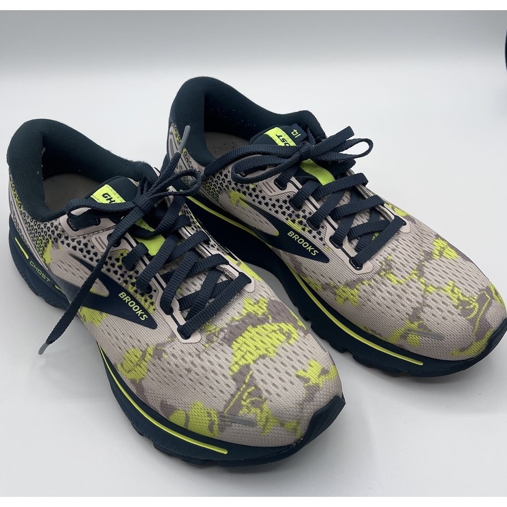 Brooks Ghost 14 Moonbeam Tan & Lime Green Camo Running Shoes Women's 7 Medium